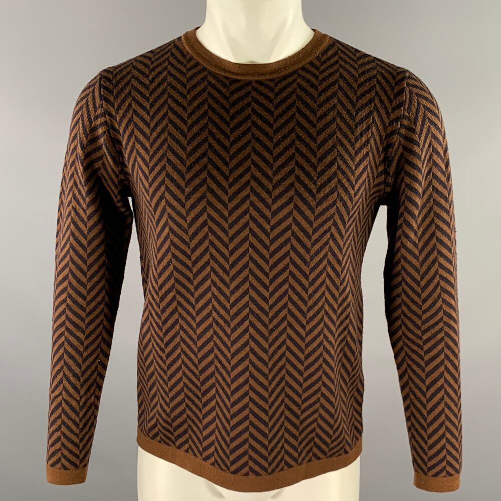 BARENA Size S Brown Black Herringbone Wool Blend Crew-Neck Pullover